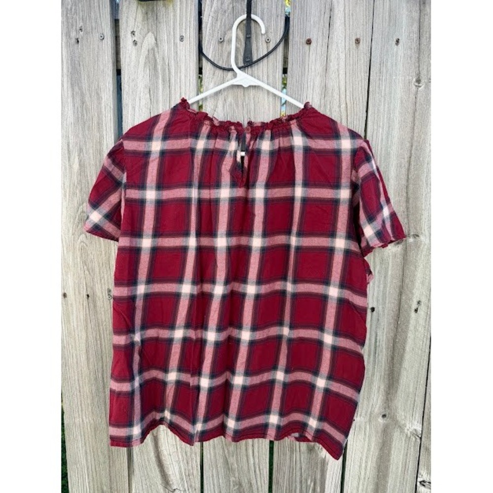 Cottagecore Preppy Time and Tru Plaid Blouse XL Red Ruffle Neck Flutter Sleeve